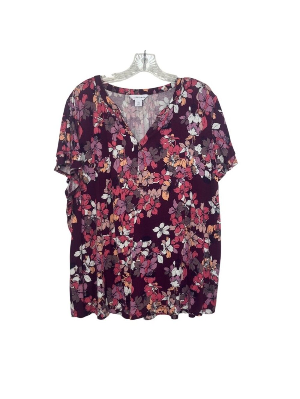 Liz Claiborne Floral Vneck Short Sleeve Blouse Shirt 2X Burgundy